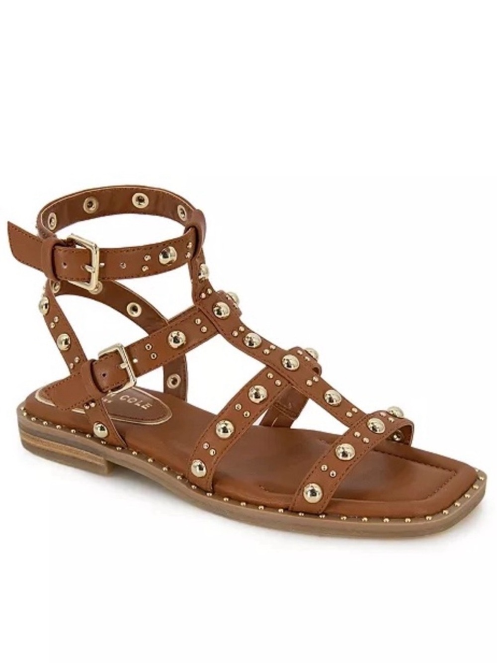 Kenneth Cole Ruby Flat Gladiator Sandal Cognac Brown Gold Studs - Size 6